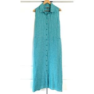 Flax Linen Dress Gingham Shirt Dress Button Front Midi Green Plaid Size Large